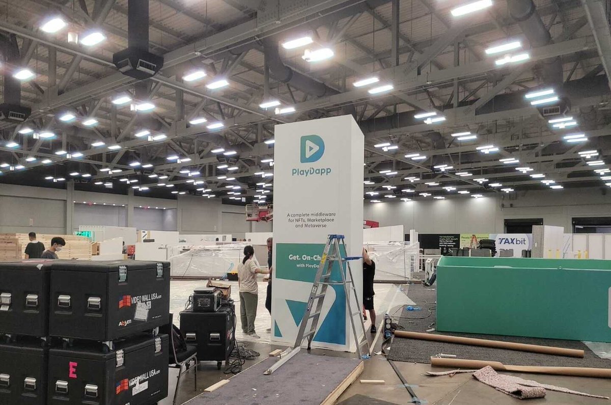 playdapp_io's tweet photo. 🔧Booth set up at #consensus2022 is almost done! 
🙌Come by and say hi – we’d love to chat with you about all things #blockchain #NFT #PLA #Token #Marketplace #SDK 🥰 https://t.co/0v1BoAgszy
