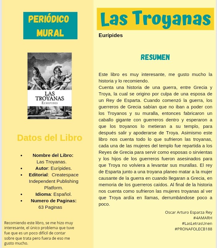 ESPARZAREYOSCA1's tweet photo. Periódico Mural del libro: “Las Troyanas” del autor Eurípides.
Recomiendo que lo lean, es un libro muy interesante. 📚
-3er Parcial
#PRONAFOLECB188 #LasLetrasUnen #4AMARH https://t.co/ZnaKDRFynI