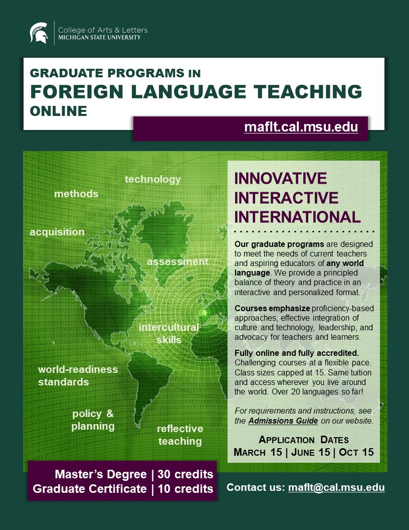 MSU_MAFLT's tweet photo. School's out - now teachers have time to think about themselves! Does that mean a new path to professional development for you? We will start reviewing Fall 2022 applications next week for the MA and Certificate. https://t.co/3AHbcxhITj
All languages are #VITALanguages https://t.co/o1a9f6Bd8Z