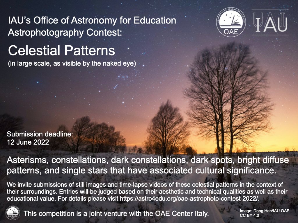 The OAE is hosting an astrophotography contest, and the deadline is fast approaching. Submit your photos and time-lapse videos of celestial patters before 12 June at noon CET for a chance to win a cash prize. 

For more information, see their website: ow.ly/s7Mv50JtRym