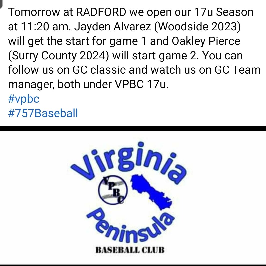 CoachTugwell's tweet photo. @vpbaseballclub 
@VirginiaRecruit 
@CNU_Baseball 
@TNCCBaseball 
@PrepSoutheast 
@pdc_baseball 
@UVABaseball 
@RadfordBaseball https://t.co/QLGOsAupkU