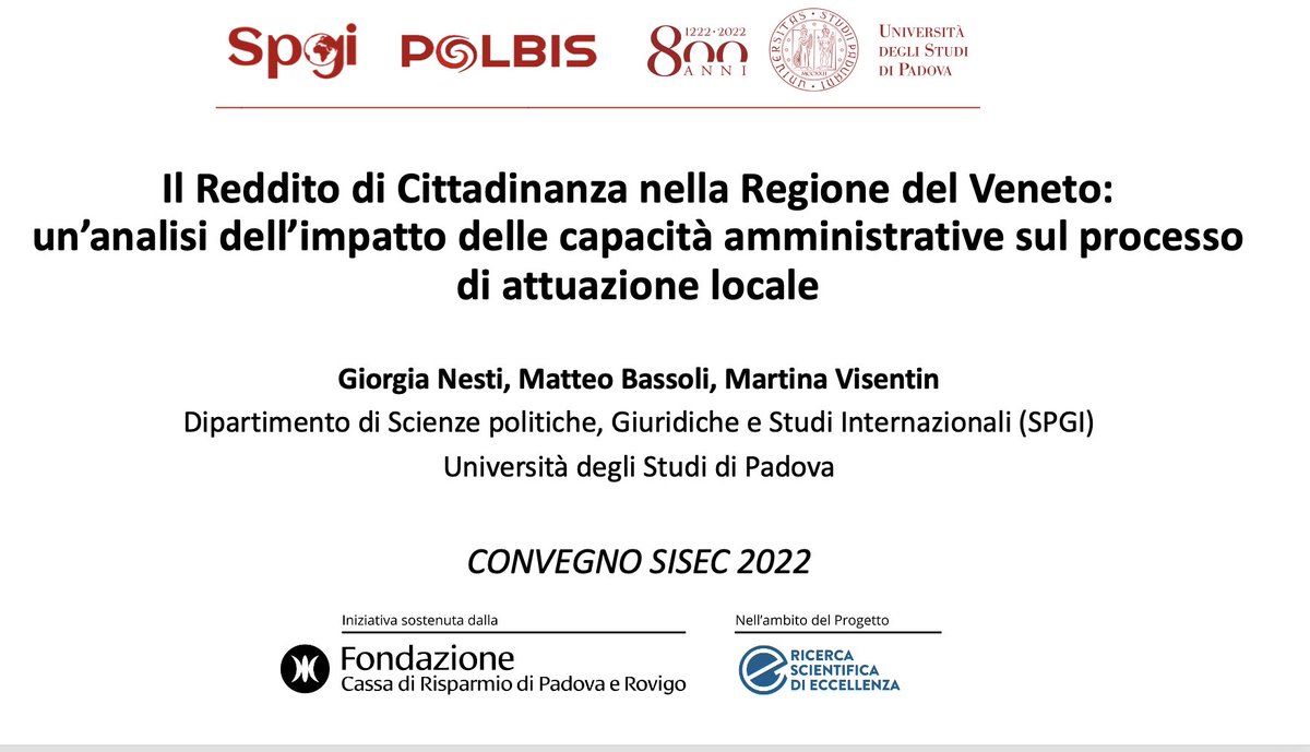 Oggi con <a href="/mwisentin/">MartinaVisentin</a> M.Bassoli presentiamo risultati di <a href="/PolbisUnipd/">POLBIS</a> al Convegno #SISEC2022 Panel Politiche del lavoro e politiche di sostegno al reddito l’esperienza del RdC tra lavoro,non lavoro e mito dell’occupazione @sisecit <a href="/fondcariparo/">Fondazione Cariparo</a> <a href="/Unipd/">Università di Padova</a> <a href="/GCavalcic/">Guido Cavalca</a> G.Allegri D.Bubbico