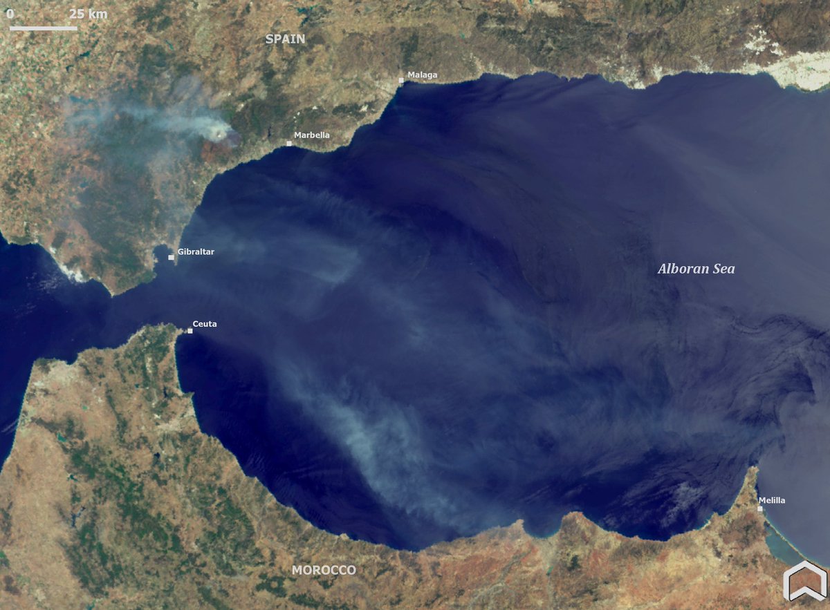 Yet another #wildfire in #SierraBermeja, smoke from the #IFPujerra, #Spain crossing the #AlboranSea visible from space. 
#Copernicus #Sentinel3 captured the wildfire that burned already 3000 ha. Another ecological disaster in #Andalucia #Spain