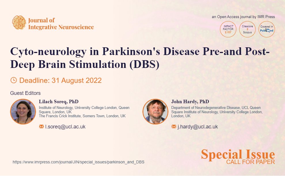 JINeuroscience's tweet photo. #callforpaper Our excellent special issue: Cyto-neurology in Parkinson's Disease Pre-and Post-Deep Brain Stimulation
https://t.co/a4ZwunzGm5

Edited by Prof. John Hardy and Dr. Lilach Soreq

Waiting for your participation!

#parkinson #bioinformatics #deep_brain_stimulation #DBS https://t.co/haX3bWQ0qf
