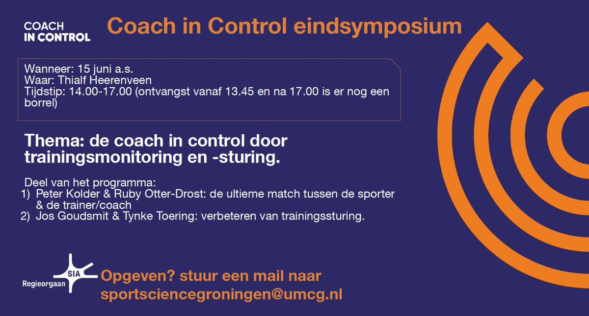 Trainingen zo goed&amp;individueel mogelijk afstemmen op basis van objectieve &amp; subjectieve data? Daar gaan we het over hebben tijdens het Coach in Control eindsymposium op 15 juni a.s. Opgeven kan nog tot en met maandag 13 juni! Zie uitnodiging:
