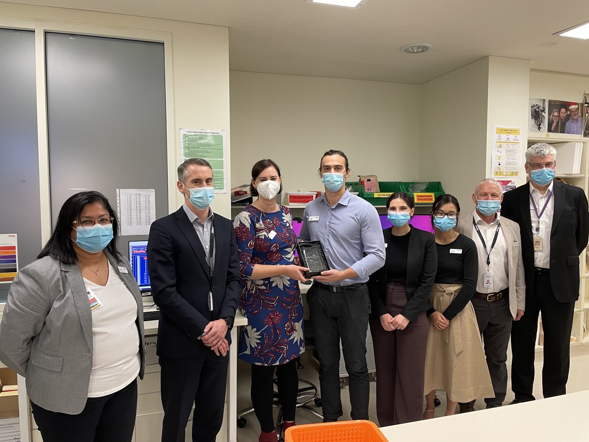 Congratulations to James Ford who was presented with his <a href="/the_shpa/">@the_shpa</a> Resident of the Year award. In attendance was <a href="/Austin_Health/">Austin Health</a>'s Ross (Chair of the Board), Adam (CEO), Gita (CMO), Kent (DoP), Jacinta (prev winner) and Jennie (prev finalist)