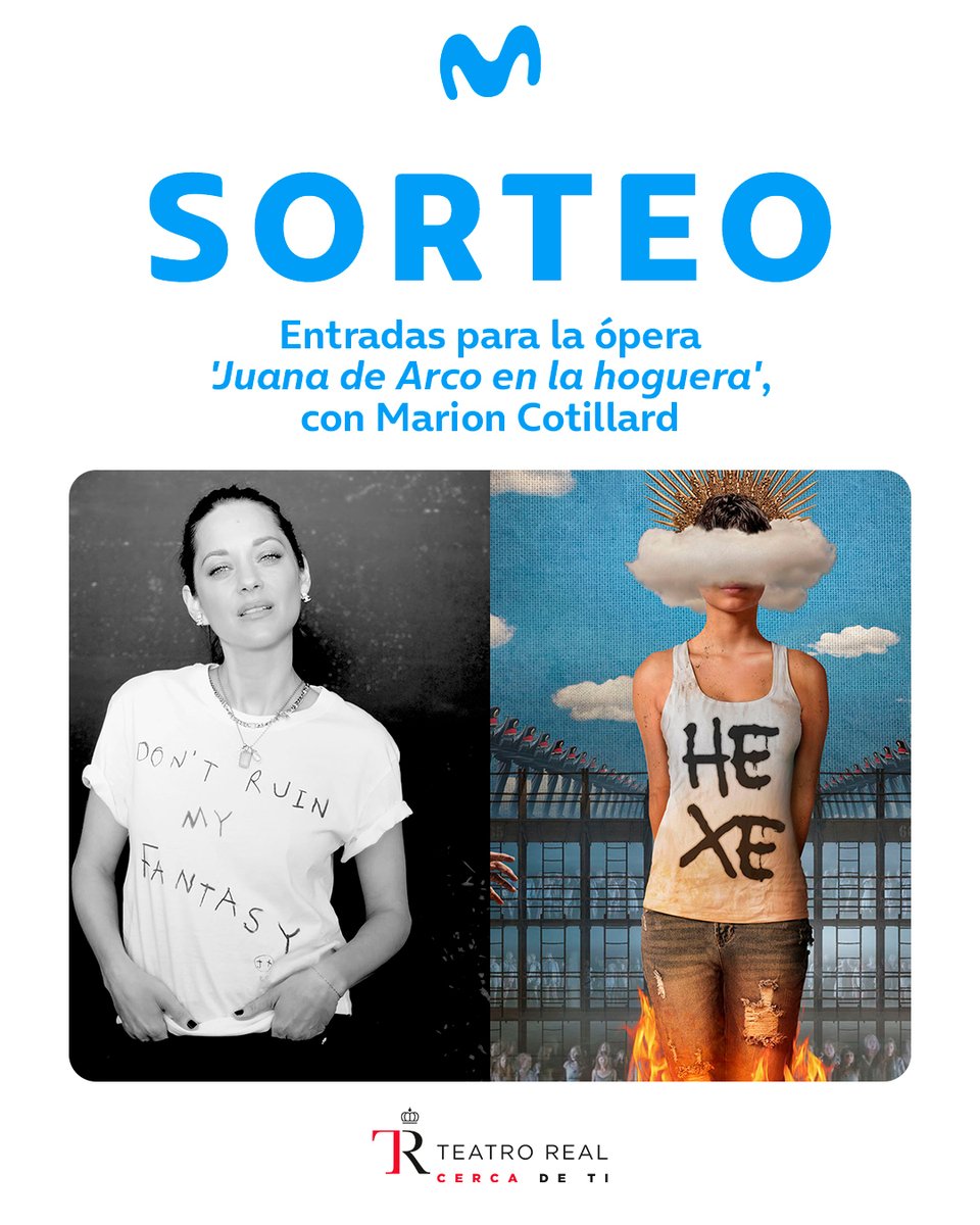 movistar_es's tweet photo. |SORTEO| Disfruta de la oscarizada Marion Cotillard en el Teatro Real, te invitamos a ver 'Juana de Arco en la hoguera':
1️⃣Síguenos y sigue a @teatro_real
2️⃣Haz retuit
3️⃣Menciona (@) a tu amigo enamorado del teatro
Y entra en el sorteo de una entrada doble para el 16 de junio https://t.co/EpX5izNfv5