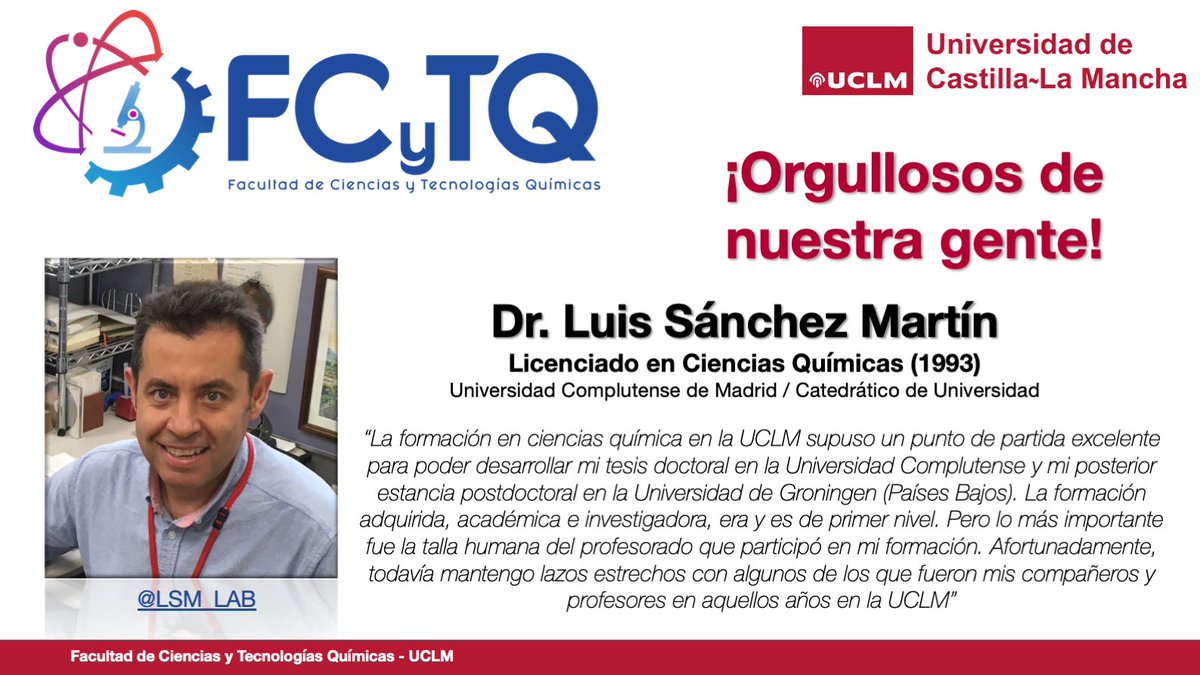 Hoy, en la campaña #21Orgullos, os presentamos al Dr. Luis Sánchez Martín (<a href="/LSM_LAB/">Luis Sánchez Martín</a>), antiguo alumno en el Grado de Químicas de nuestra facultad <a href="/uclm_es/">Universidad de Castilla-La Mancha</a> #BeUCLM #21Orgullos #VenUCLM #CiudadReal