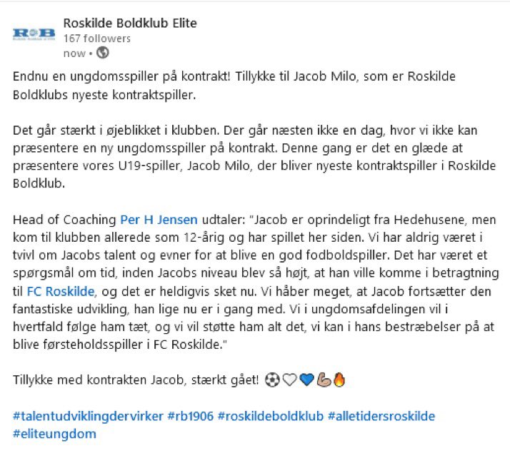 RoskildeBold's tweet photo. Tillykke til Jacob Milo fra vores #U19 - nyeste talent der får kontrakt med #RoskildeBoldklub 💪🏼⚽️💙🤍🔥#talentudviklingdervirker #rb1906 #alletidersroskilde https://t.co/epXvZAbFsl