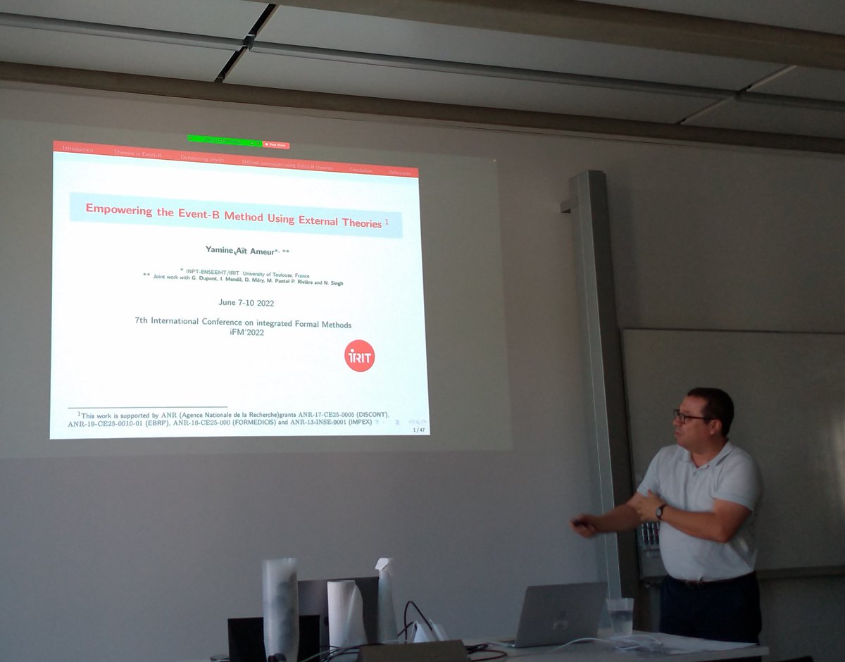 The third, and last, day of iFM 2022 begins with a sweeping talk by Yamine Aït-Ameur about adding external reusable theories to the Event-B method. #ifm22 <a href="/iFMconf/">iFM</a>