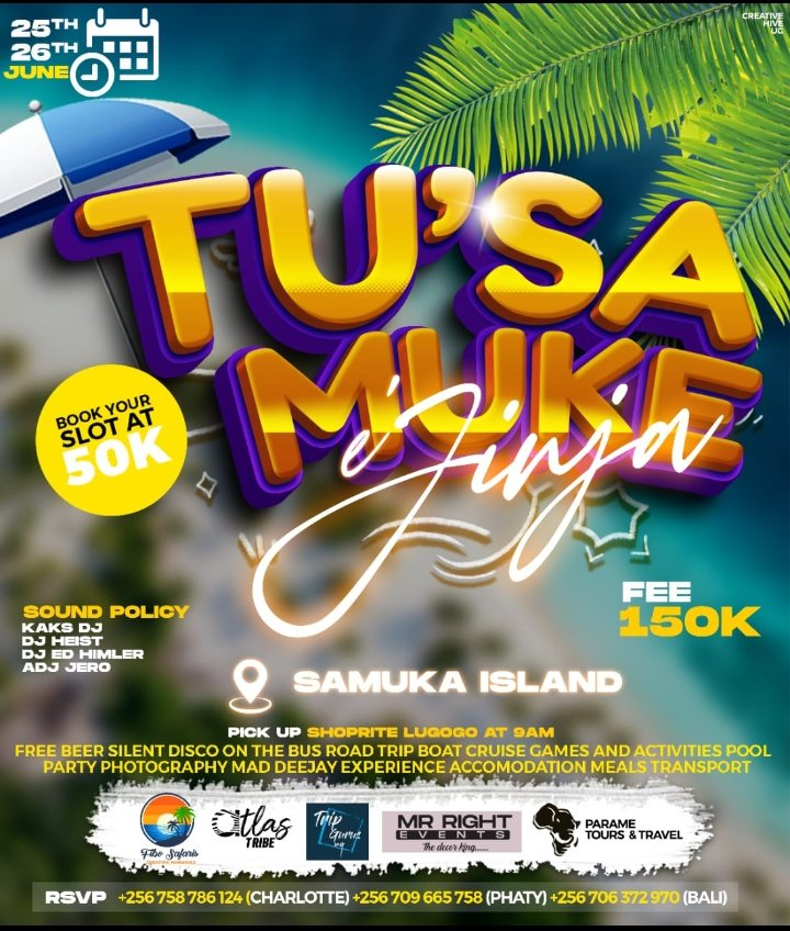 Island vibes - Tu'Samuke!
#TusamukeJinja #PartyMood

Book your slot now at only 50K, limited slots.