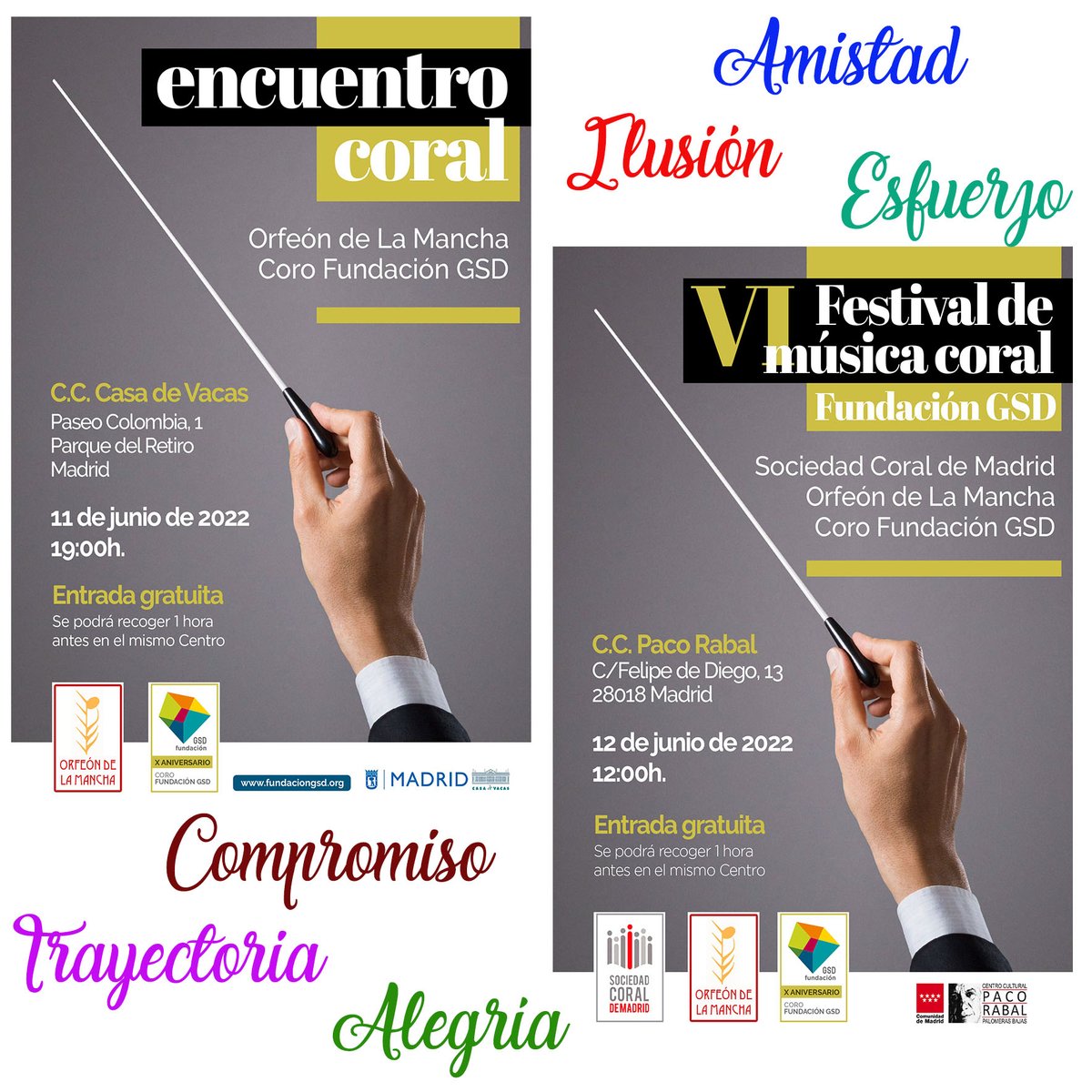 Dos actuaciones en Madrid este fin de semana de junio junto a nuestros amigos del coro de la Fundación GSD y la Soc. Coral de Madrid nos ayudan a continuar con nuestra trayectoria de 48 años plena de esfuerzo, ilusión y compromiso de los componentes del Orfeón de La Mancha...
