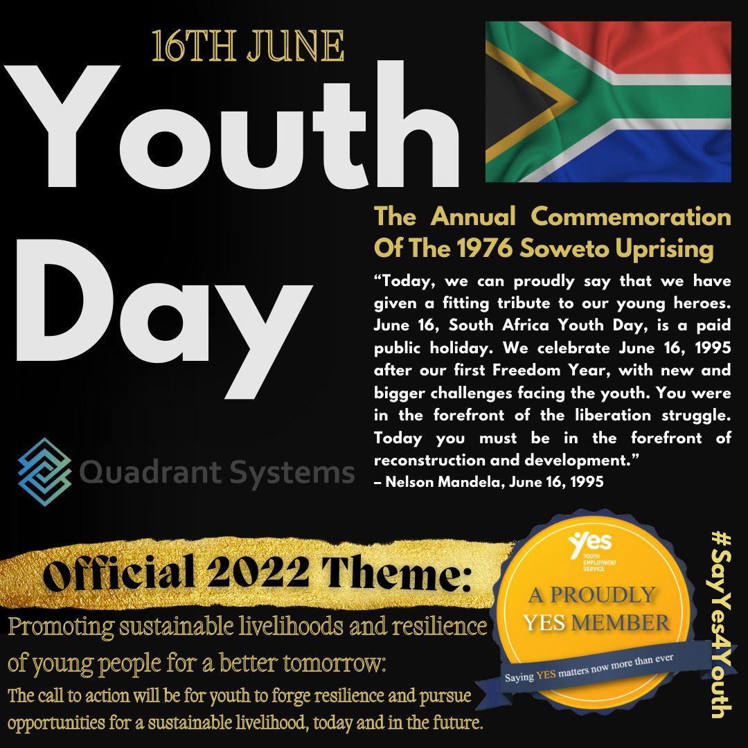 Happy Youth Day!

#southafrica #youthdevelopment #youthday #Youthempowerment #june16 #youthdevelopment #nelsonmandela #youthday2022 #happyyouthday #southafricanyouth #publicholiday #internationaldayoftheafricanchild #internationalnews #employment #sustainabilty #opportunities