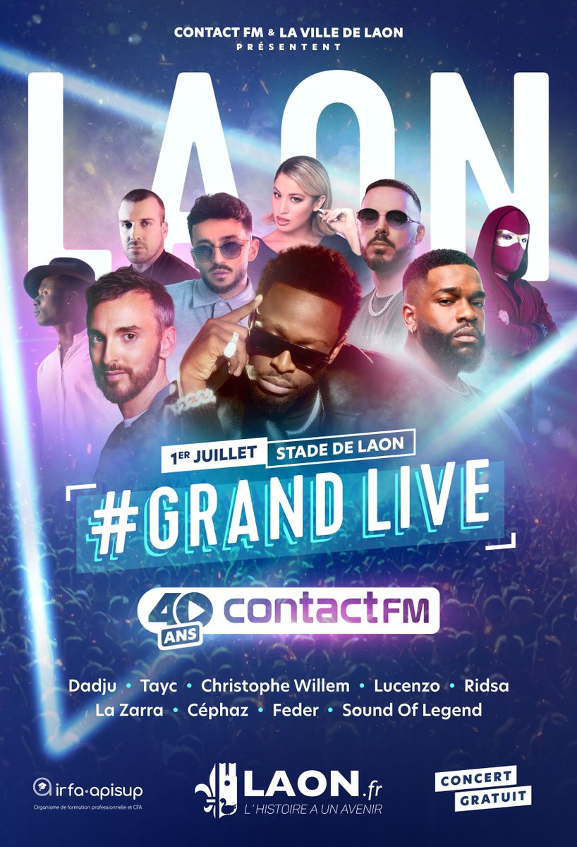 Le #GrandLive est de retour à Laon le vendredi 1er juillet. La <a href="/villedelaon/">Ville de Laon</a> et <a href="/RadioContactFM/">Radio Contact</a> vous invitent au stade Marcel Levindrey pour un show exceptionnel !