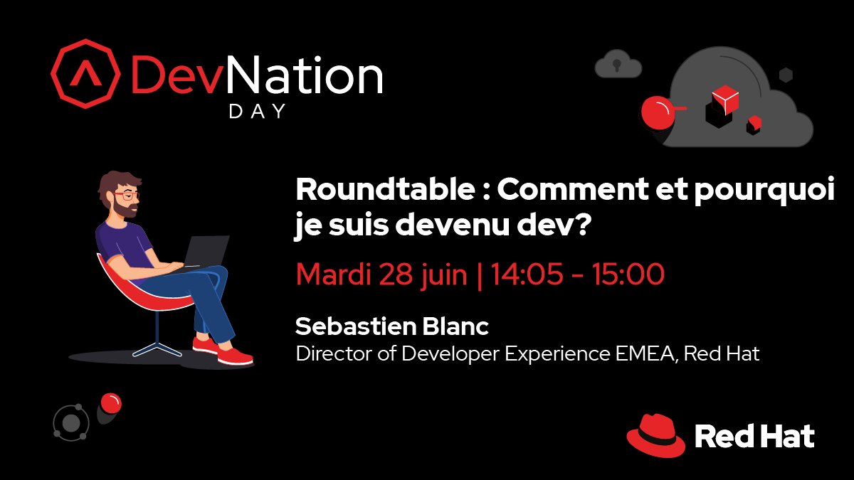 🔥 Rejoignez-nous pour le DevNation Day France🔥 : une journée entière consacrée aux développeurs et aux équipes techniques le 📅 Mardi 28 juin!

Inscrivez-vous maintenant!
1️⃣ En présentiel (130 places): bit.ly/3z4v6id
2️⃣ En livestream: bit.ly/3N6CJJ0