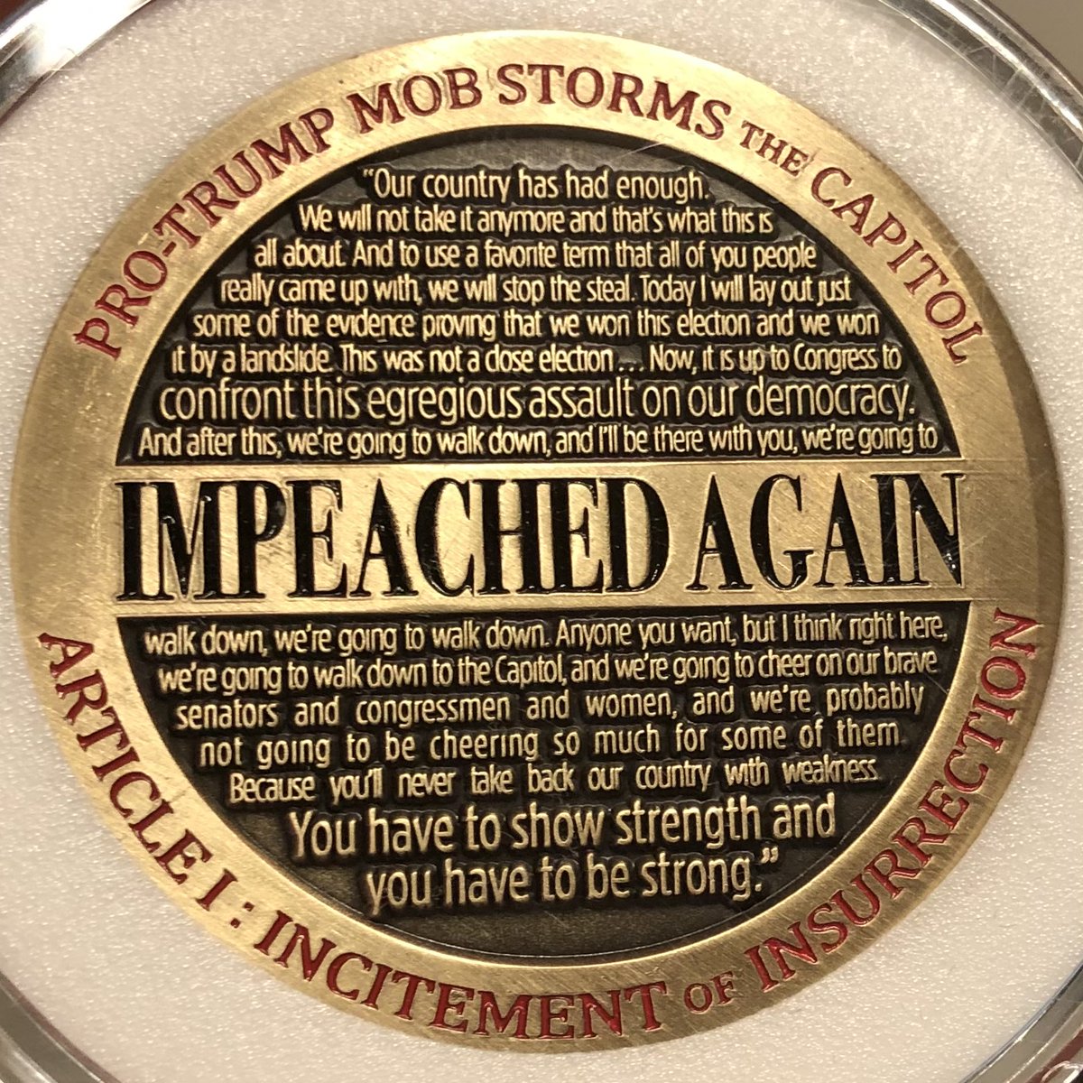 scottedelman's tweet photo. Watched tonight's horrific testimony while clutching this coin from @KoreanFanDeath's commemorative Impeach Mint Project — which ensures Donald Trump's attempted coup will never be forgotten. If not for the protective case, the words by now would have been imprinted into my palm. https://t.co/CNi9SjzlMm