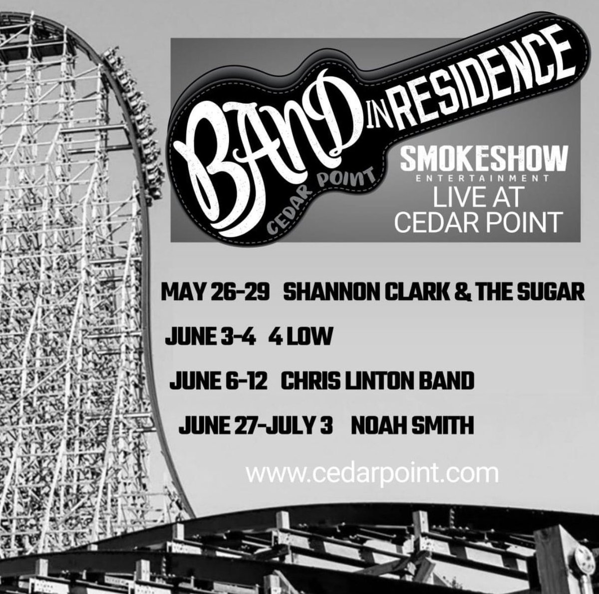 Smokeshow artists are rockin <a href="/cedarpoint/">Cedar Point</a>  this summer with their Bands in Residence! Come out and see <a href="/ChrisLintonKY/">Chris Linton</a> this week and <a href="/noahsmithmusic/">Noah Smith</a> later this month! 🔥