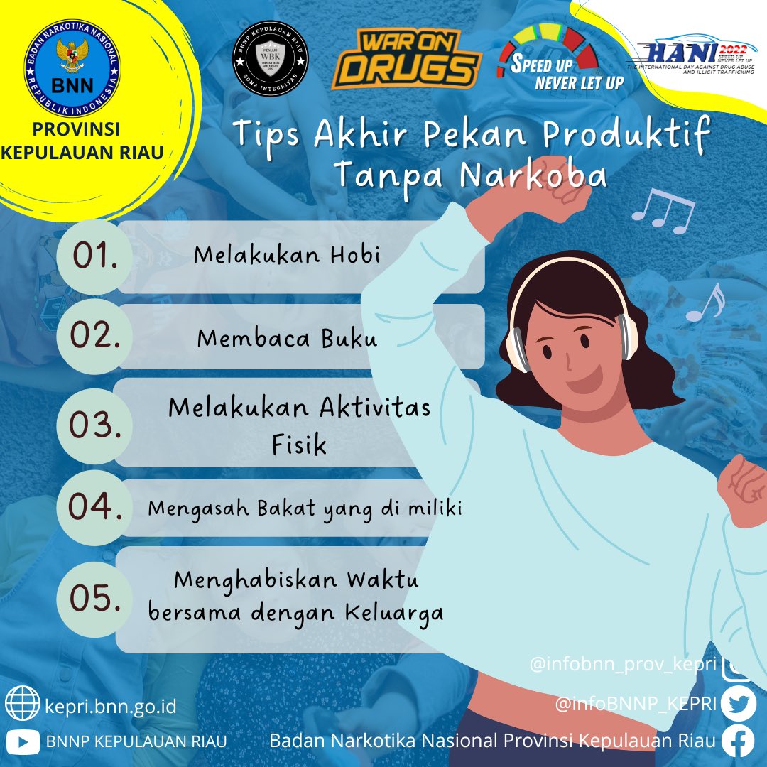 InfoBNNP_KEPRI's tweet photo. Sobat BNN, tidak terasa besok sudah weekend nih. Nah, mimin ada rekomendasi aktivitas untuk mengisi waktu weekend kalian.
Simak info di bawah ya!
#warondrugs
#infobnn_ri
#infonarkoba
#perangmelawannarkoba
#tipsweekend https://t.co/vcbPMEm6pb