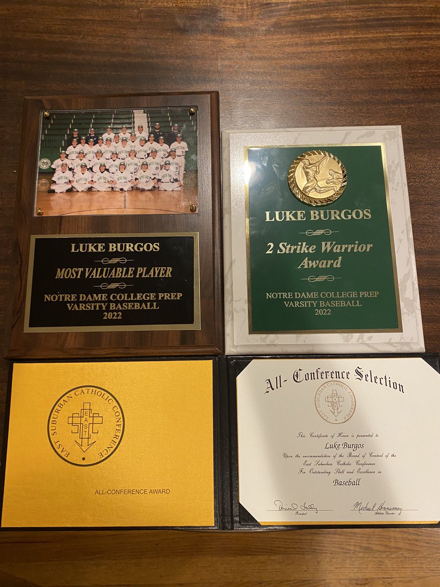 Luke Burgos final season stats- .488 AVG, .526 Conference AVG, .554 OBP, .667 SLG, 1.221 OPS, 41 H, 28 1B, 12 2B, 1HR, 25 RBI, 25 R, 8 SO <a href="/NDDonsBaseball/">Notre Dame Baseball</a> <a href="/ndcp_athletics/">Notre Dame College Prep Athletics</a>