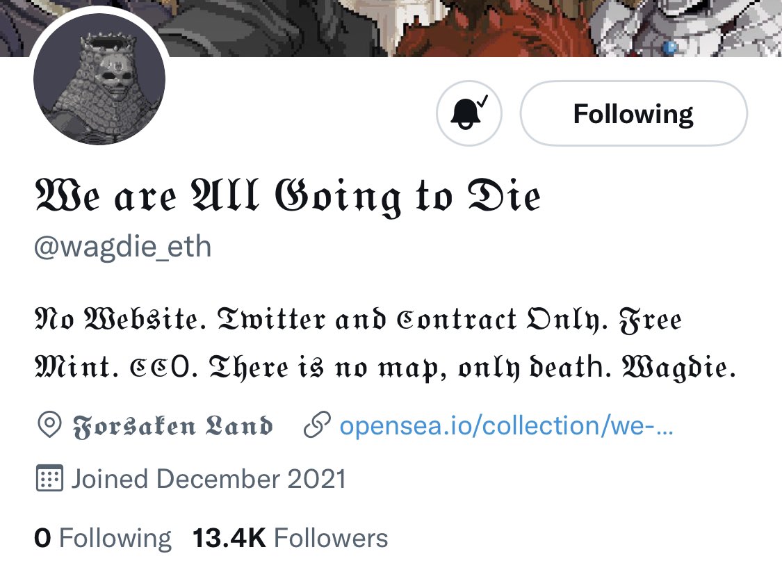 <a href="/wagdie_eth/">𝔚𝔢 𝔞𝔯𝔢 𝔄𝔩𝔩 𝔊𝔬𝔦𝔫𝔤 𝔱𝔬 𝔇𝔦𝔢</a> I think it would be cool if the <a href="/wagdie_eth/">𝔚𝔢 𝔞𝔯𝔢 𝔄𝔩𝔩 𝔊𝔬𝔦𝔫𝔤 𝔱𝔬 𝔇𝔦𝔢</a> Twitter account updated its location based on where we move during the story. Like right now since we chose West after leaving the Church, our location would be at the “Ruined Kingdoms of Yore”. Assuming we’ve made it there by now.