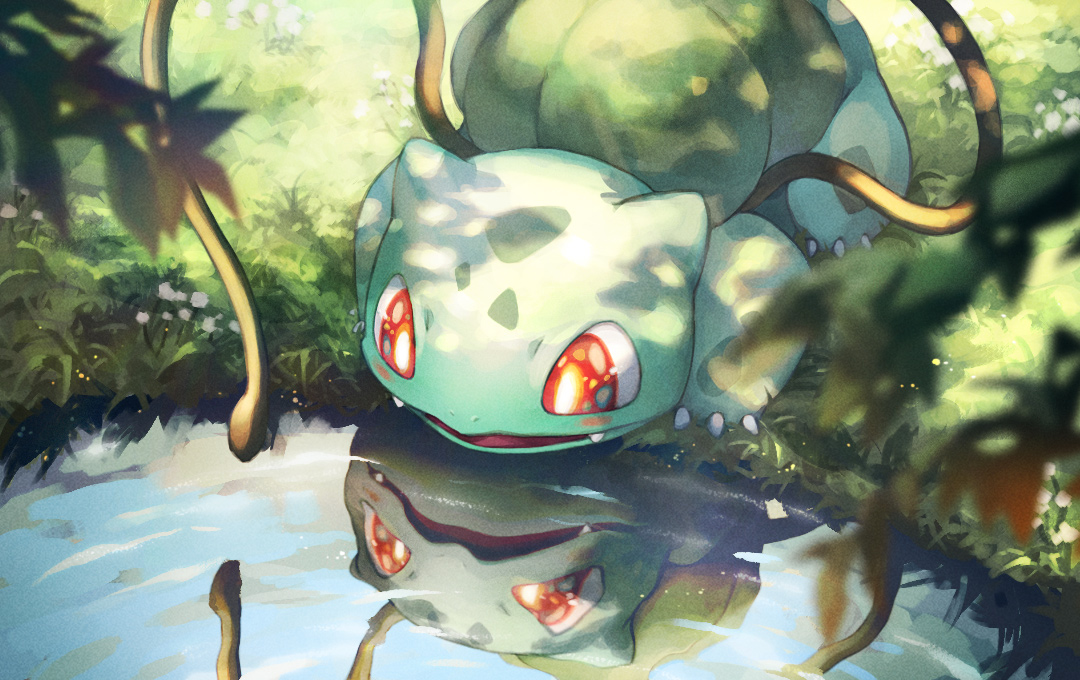 bulbasaur no humans pokemon (creature) solo plant water vines red eyes  illustration images