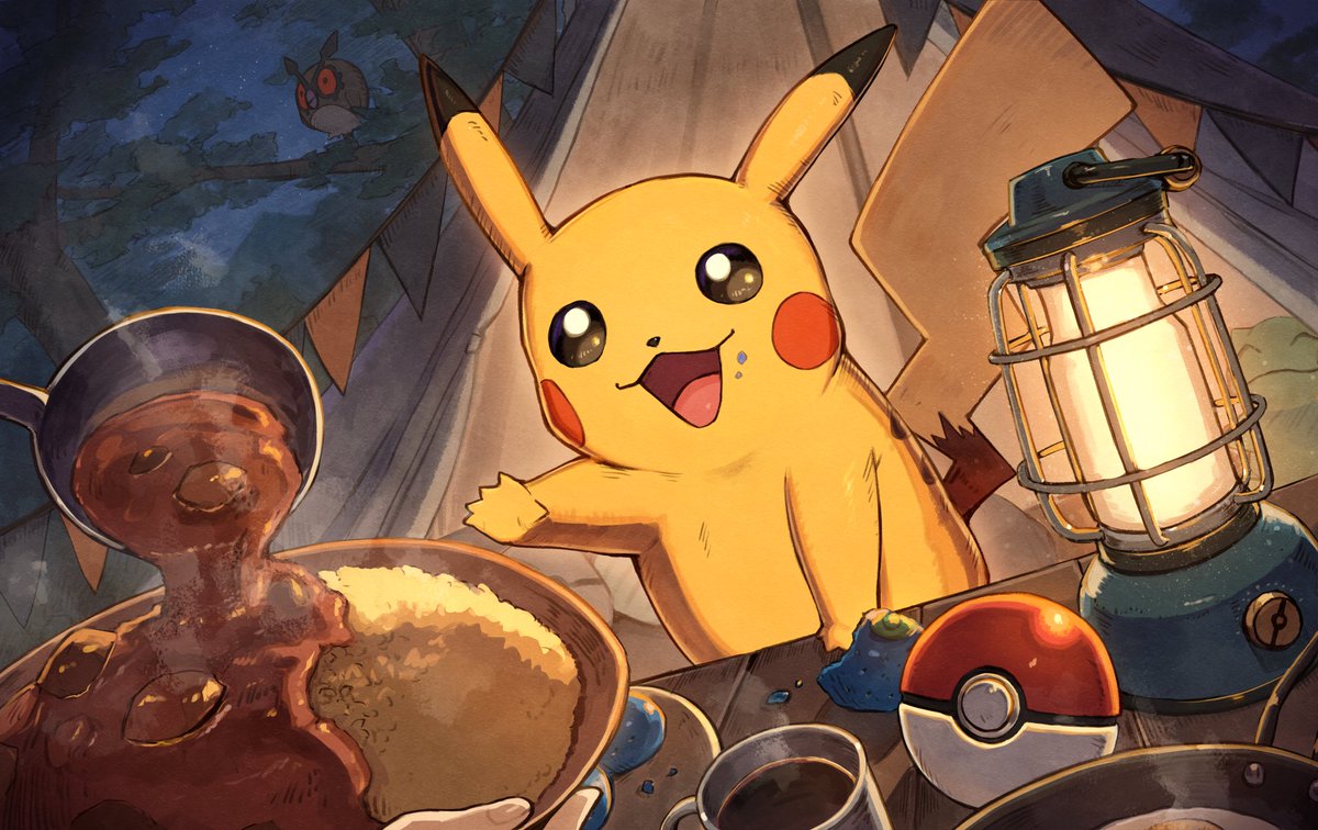 pikachu pokemon (creature) open mouth food rice food on face curry smile  illustration images