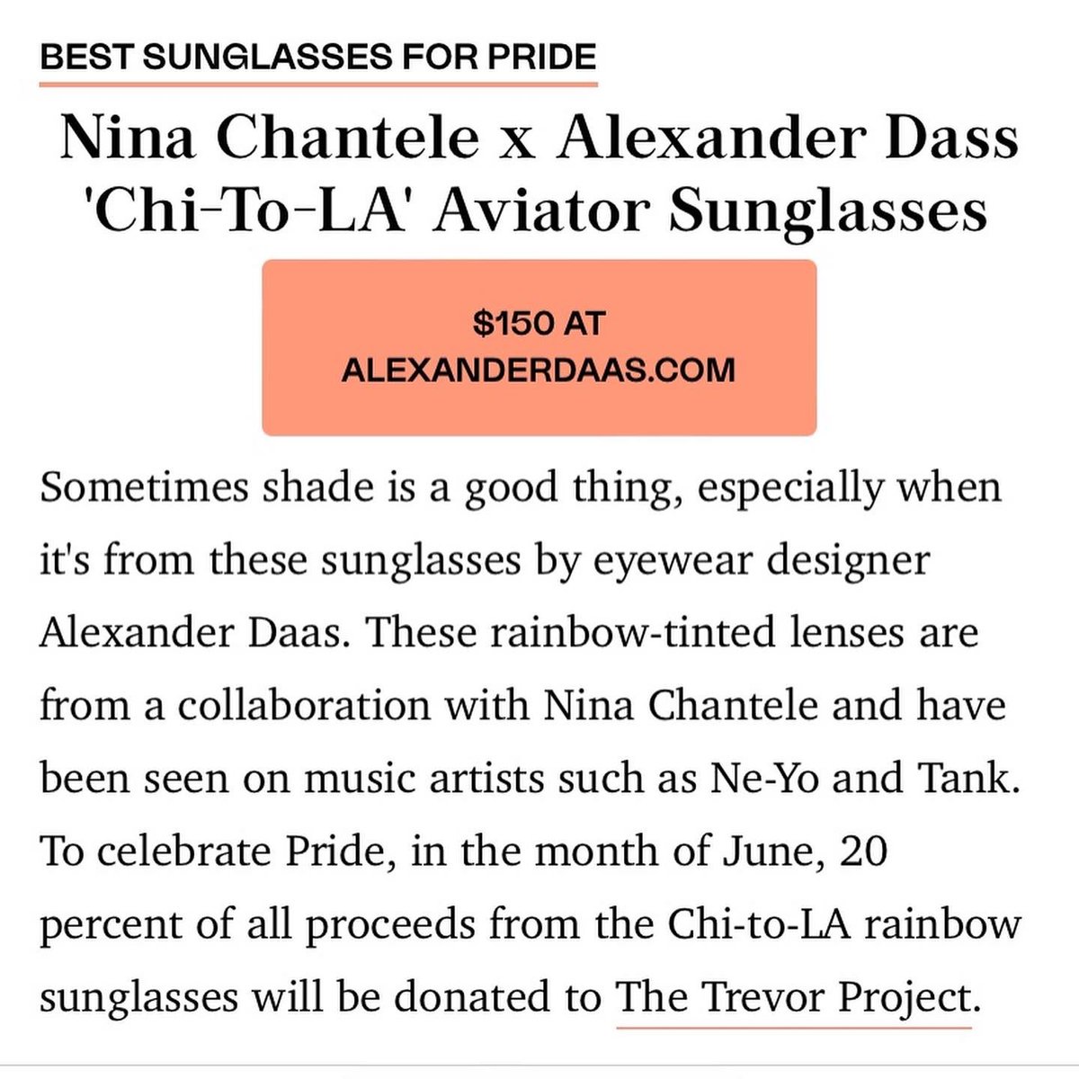 alexanderdaas's tweet photo. Thank you @OprahDaily for including us in your #Pride #giftguide! This month we are donating 20% of all June sales from our #NCxAD Chi-to-LA frames to #TheTrevorProject, the largest mental health organization for LGBTQ+ youth.
#pridemonth #oprahdaily

https://t.co/UjSFbKDZd2 https://t.co/MmJtY8jssP