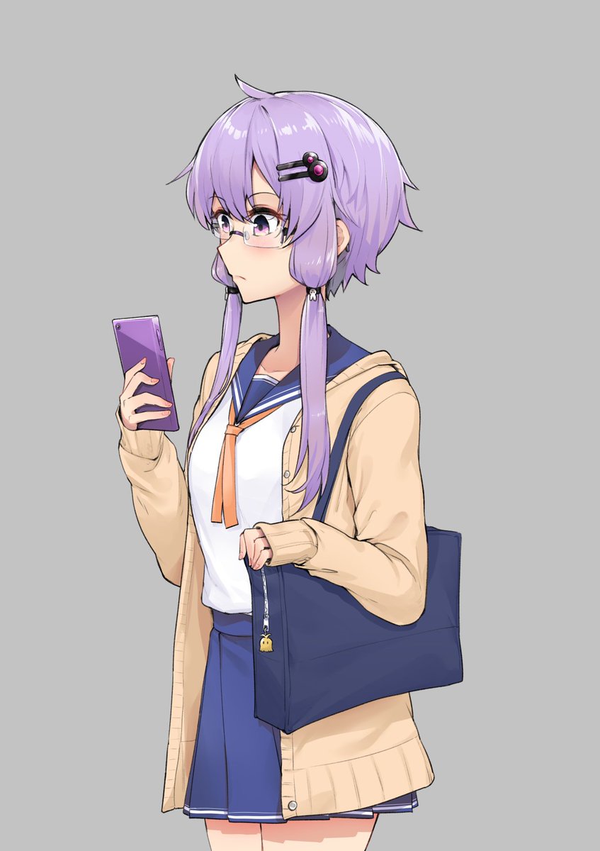 yuzuki yukari 1girl solo glasses phone purple hair skirt cellphone  illustration images