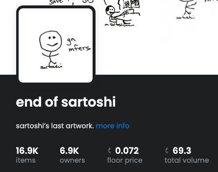 farokh's tweet photo. 16.9k items - 6.9k owners - 69k volume on "end of sartoshi" that minted at 0.069 eth... Some things are just meant to be lmao https://t.co/J09X0ZLMg9