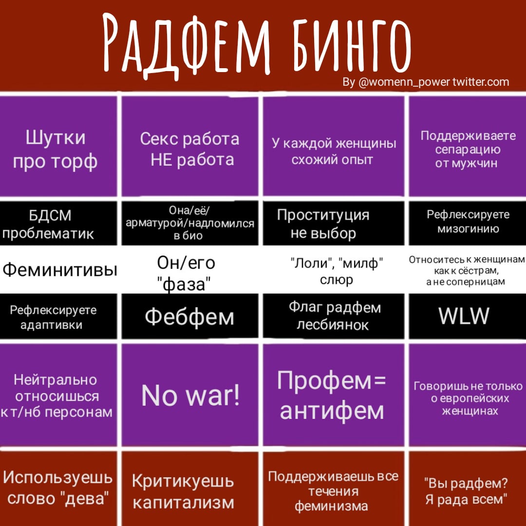 womenn_power's tweet photo. //не запрет
В общем я сделала небольшие бинго, для разных течений феминизма, надеюсь вам понравится!
1/3. Радфем. https://t.co/DarJrJyC37