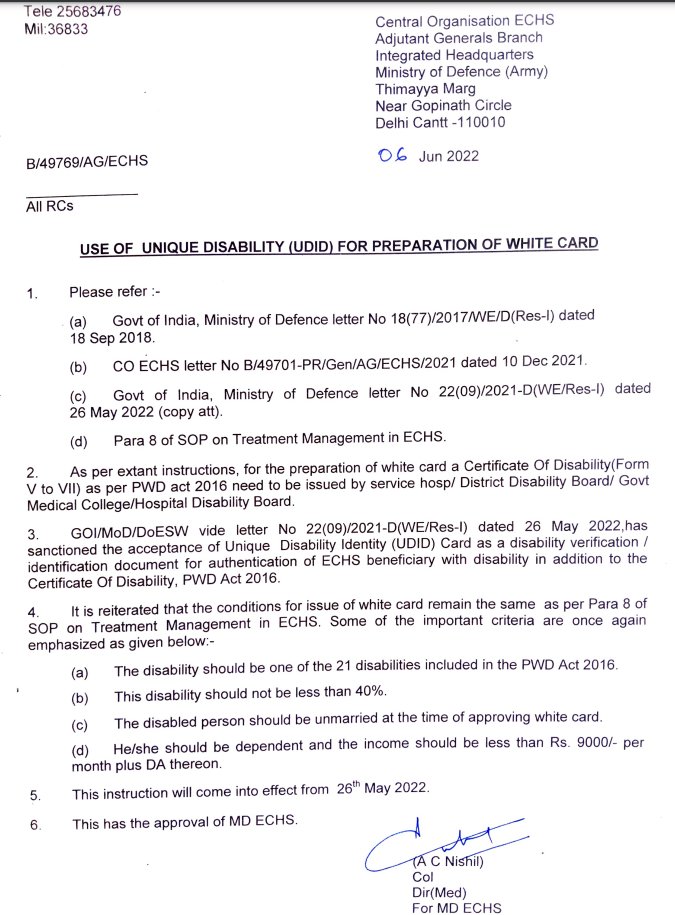 Use of UDID card for preparation of WHITE CARD for ECHS beneficiaries

#DisabilityTwitter #disabilityawareness
