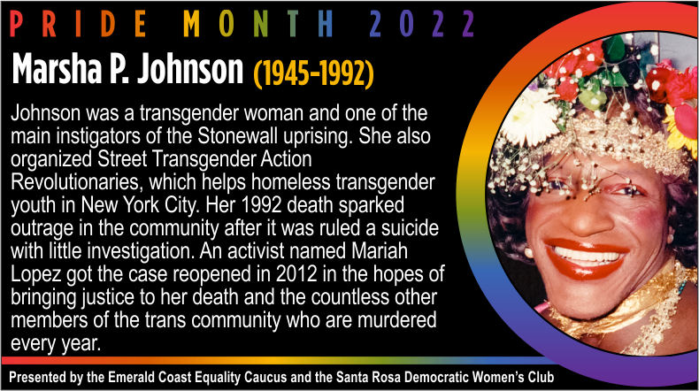 SRDWC2's tweet photo. Celebrating trailblazers in the #lgbtq🌈 community during  #pridemonth🌈. Please take a moment to get to know them. Presented by the Emerald Coast Equality Democratic Caucus and the Santa Rosa DWC.  #lgbtpride #pride🌈
#pride2022🏳️‍🌈 https://t.co/MgZgPqwST9
