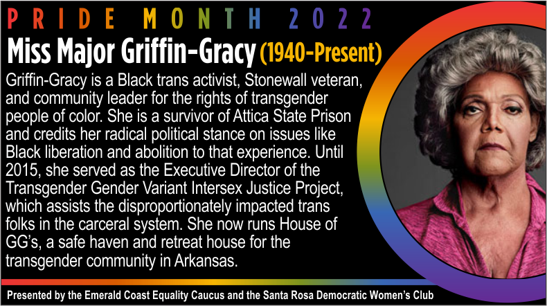 SRDWC2's tweet photo. Celebrating trailblazers in the #lgbtq🌈 community during  #pridemonth🌈. Please take a moment to get to know them. Presented by the Emerald Coast Equality Democratic Caucus and the Santa Rosa DWC.  #lgbtpride #pride🌈
#pride2022🏳️‍🌈 https://t.co/3KaHx6IVZK