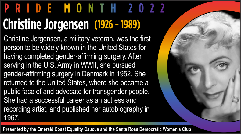 SRDWC2's tweet photo. Celebrating trailblazers in the #lgbtq🌈 community during  #pridemonth🌈. Please take a moment to get to know them. Presented by the Emerald Coast Equality Democratic Caucus and the Santa Rosa DWC.  #lgbtpride #pride🌈
#pride2022🏳️‍🌈 https://t.co/LWuEdCtFwZ
