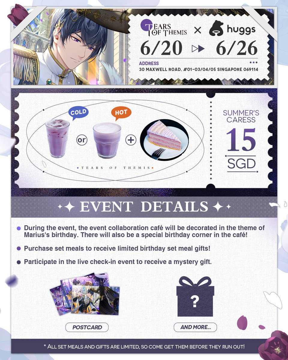 TearsofThemisEN's tweet photo. Where lights interweave, colorful dreams unfold. 

Marius' birthday-themed café is about to open in Singapore! Check the picture below for more details.

🎁Retweet this post for a chance to win Marius' Birthday Gift Box! 5 winners will be selected on June 17.

#TearsOfThemis https://t.co/Ob1HwilDkv