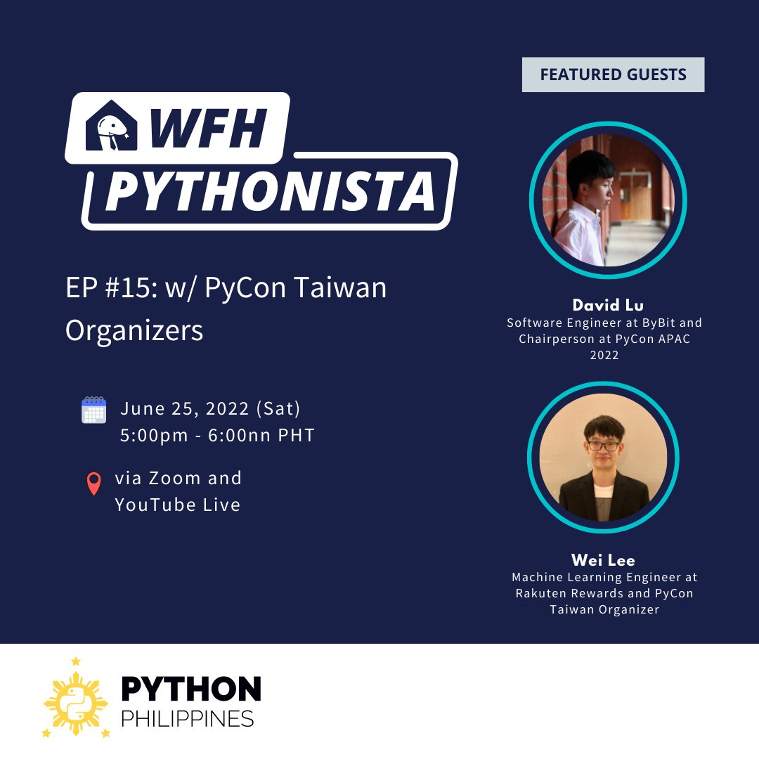 pythonph's tweet image. Have you ever wondered what a typical day looks like for PyCon TW Organizers?🙂
In this episode, we&apos;re interviewing David Lu and Wei Lee of the PyCon Taiwan Organizing Team.

Check out more and RSVP here: meetup.com/pythonph/event…
#pythonph #adayinalife #wfhpythonista #workfromhome