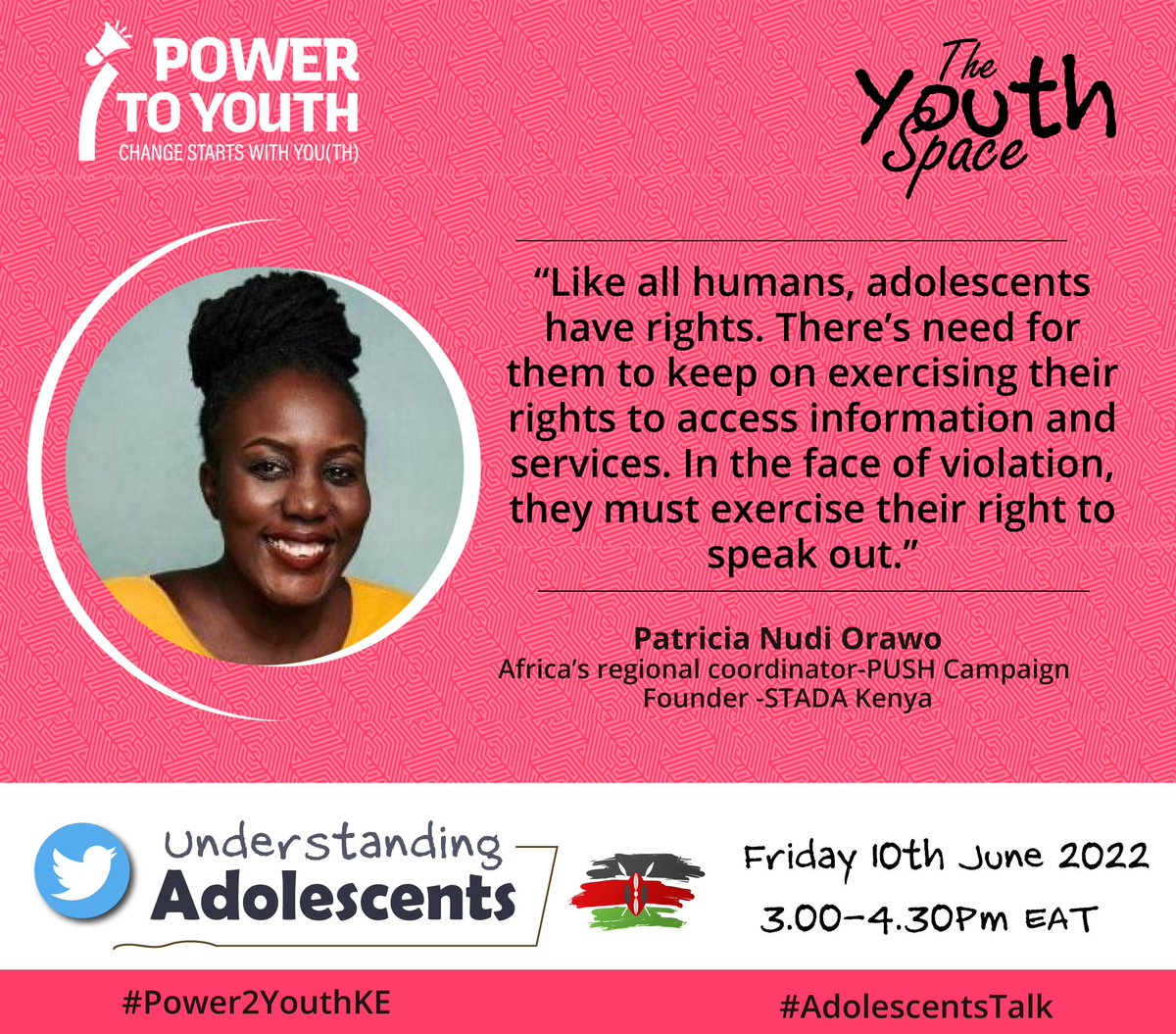 Meet Patricia, a SRHR expert who believes adolescents should keep on exercising their right to access information and services. 
In the face of violation, they must exercise their right to speak out. #AdolescentsTalk #Power2YouthKE

x.com/i/spaces/1yoKM…