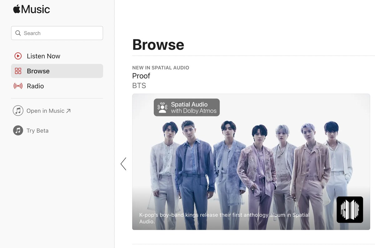 btschartdata's tweet photo. BTS on the home page of Apple Music, listen to #BTS_Proof in Spatial Audio: https://t.co/PwcxZfHmIe https://t.co/cHasgZjvnB