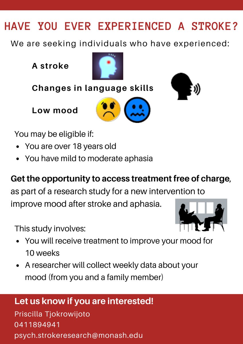 aphasiacre's tweet image. Researchers at Monash University are looking for people with moderate aphasia to participate in a study exploring therapy for depression after stroke. Telehealth option now available. A great chance to access FREE THERAPY!

#aphasia #AphasiaResearch