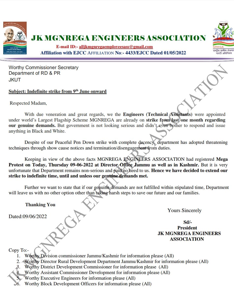 Mgnregajk's tweet photo. Indefinite strike from 10-06-2022 until &amp; unless our genuine demands met, #JkMgnregaEngineersAssociation of ut #JammuKashmir appetite @OfficeOfLGJandK @manojsinha_ @girirajsinghbjp @MoRD_GoI @rashtrapatibhvn @PMOIndia @narendramodi @AmitShah @PIB_India @rural_raj @mopr_goi https://t.co/SGmmvIFBK0