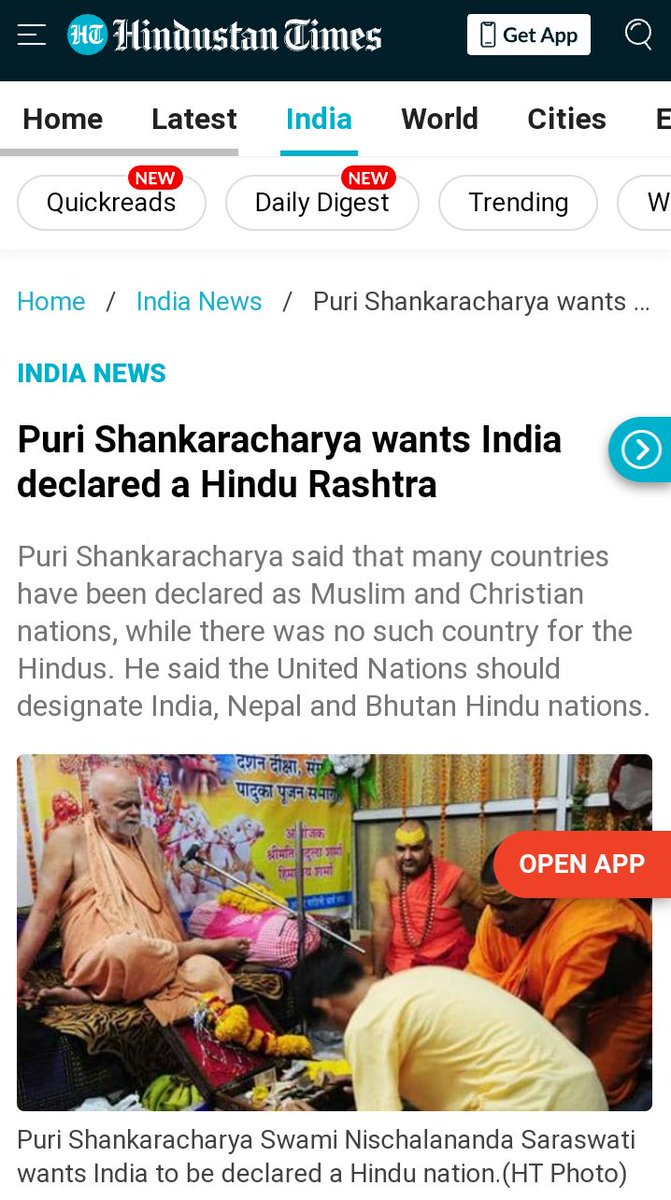 #Uniting_Hindus_Globally
#HinduRashtra
Puri Shankaracharya said that many countries have been declared as Muslim &amp; Christian nations, while there was no such country for the Hindus. He said the United Nations should designate India, Nepal &amp; Bhutan Hindu nations. <a href="/VgDaula/">Gopal Krishan 🇮🇳</a>