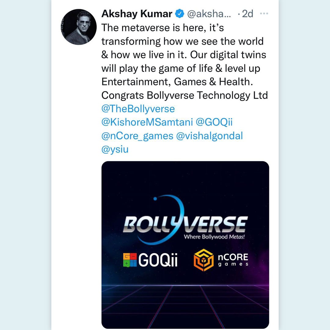 RoshanGolani20's tweet photo. We are thrilled about this tweet by @akshaykumar Super grateful to this superstar for embarking on this meta journey with us!
@GOQii @nCore_games

🌎https://t.co/RWllVLfvIU

#Bollyverse #WhereBollywoodMetas #AkshayKumar #Metaverse #Bollywood #Entertainment https://t.co/gF8FjLTTvF