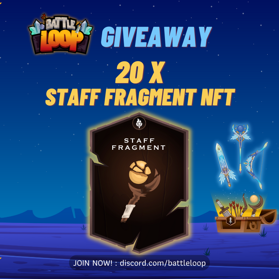 Crypto_Suresh_'s tweet photo. 🌟BattleLoop @battleloopgame : #Giveaway for New heroes!
Join the event to win
"Fragment weapons and armor" NFT card!
🏆 Prize: 1 x Staff fragment NFT!
⚔️ Join Discord Must: https://t.co/oIAfPzLPfS
TO ENTER : https://t.co/le9cgFYzop
#battleloop #NFTgame #P2E #drop #NFT #WAX https://t.co/UJSvghAvUI