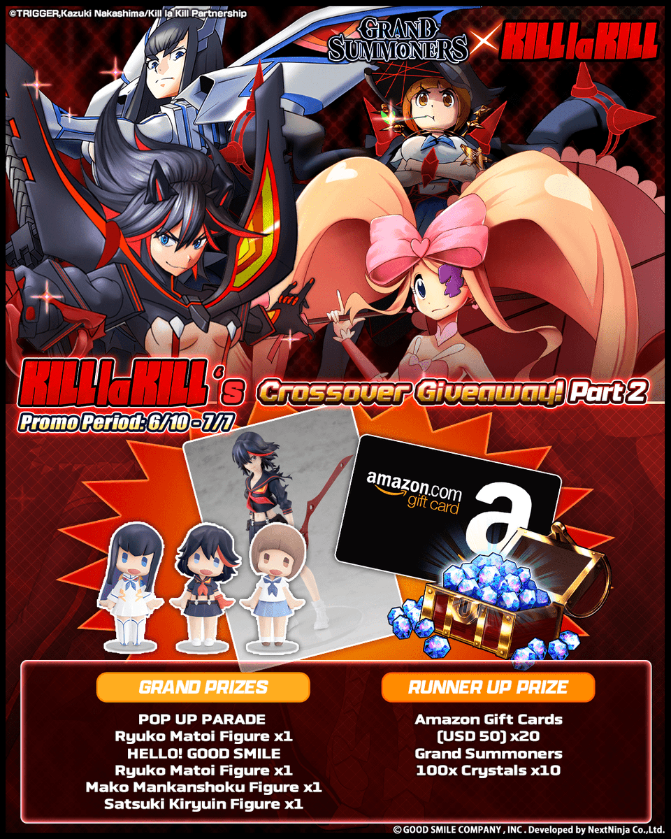 GRDSMN_GLOBAL's tweet photo. KILL la KILL's Crossover Giveaway Part 2 is underway!
Complete as many missions as you can to boost your chance of winning KILL la KILL figures and more!

⬇️ Enter below ⬇️ 
https://t.co/st9gtkopGT

⏰Promo Period: Until 7/7

#GrandSummoners x #KILLlaKILL https://t.co/jL2tB9sqU6