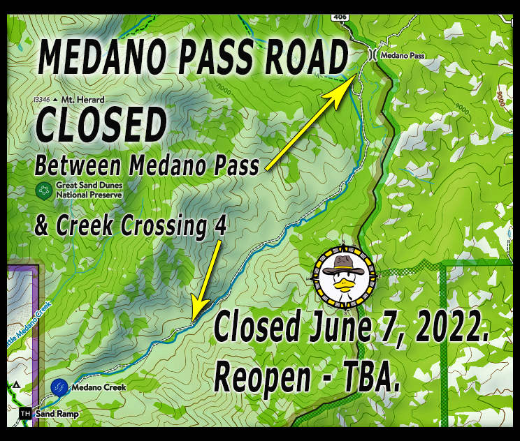 Bushducks's tweet image. CO PASS Page Update June 9, 2022. Medano Pass Road CR 559 CLOSED along Medano Creek due to  snowstorm trail damage. Details + additional trail status updates for 2022 bushducks.com/tripreps/passo…