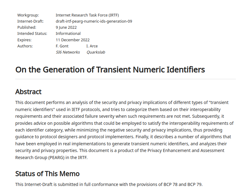 FernandoGont's tweet photo. "On the Generation of Transient Numeric Identifiers", co-authored by @4Dgifts and myself.  (https://t.co/0bWnVKPeaZ) https://t.co/5OkFJ6d192