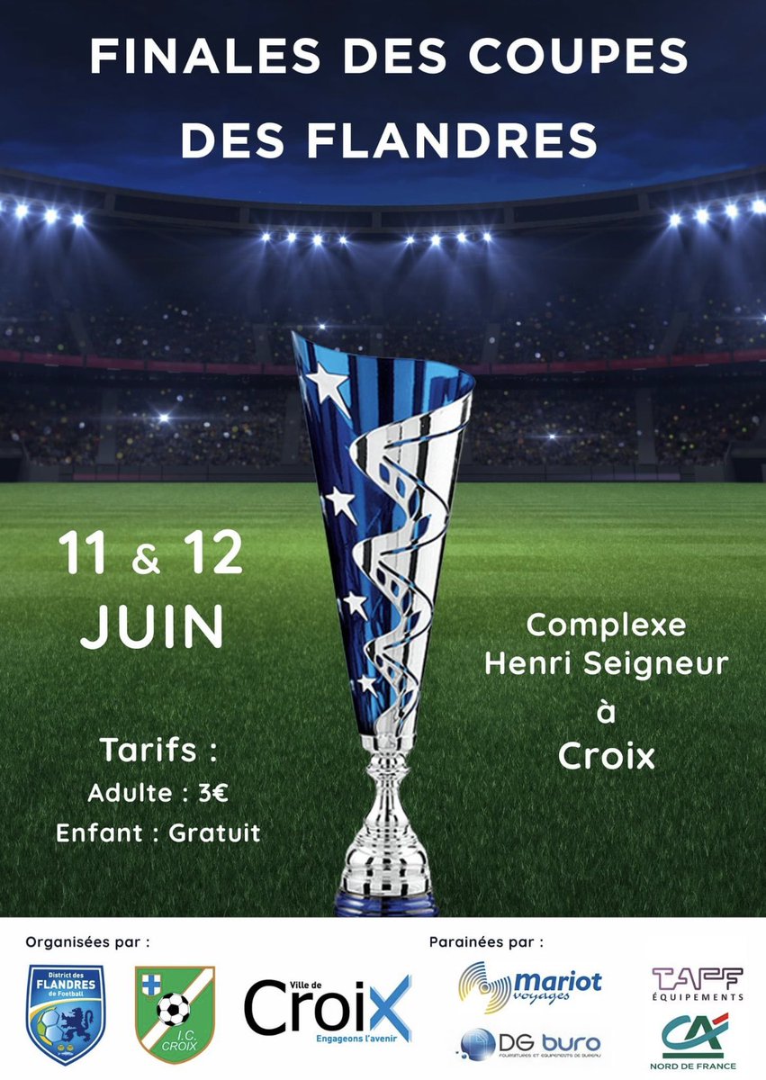 🏆 𝐅𝐢𝐧𝐚𝐥𝐞𝐬 𝐝𝐞𝐬 𝐜𝐨𝐮𝐩𝐞𝐬 𝐝𝐞𝐬 𝐅𝐥𝐚𝐧𝐝𝐫𝐞𝐬 🏆

Les finales des Coupes du District des Flandres de football se dérouleront le week-end du 11 &amp; 12Juin 2022 sur les installations du Complexe Henri Seigneur à Croix ! 

bit.ly/397jss7