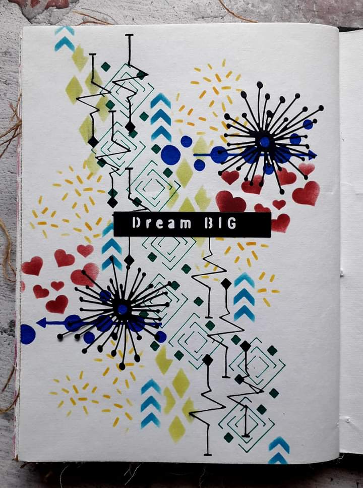 Thecraftycardm1's tweet photo. An art journal page using This and That, Angle Leaf, This Way That Way, Framed and Bursting Out stencils, and the Ticker Tape die set by Shady Designs. I have used a mix of Arteza Inkonic pens and Distress Oxides. 

#shadydesignsbylouisesims  #artezainkonicpens #dollydimples https://t.co/xJMnZGCDbg