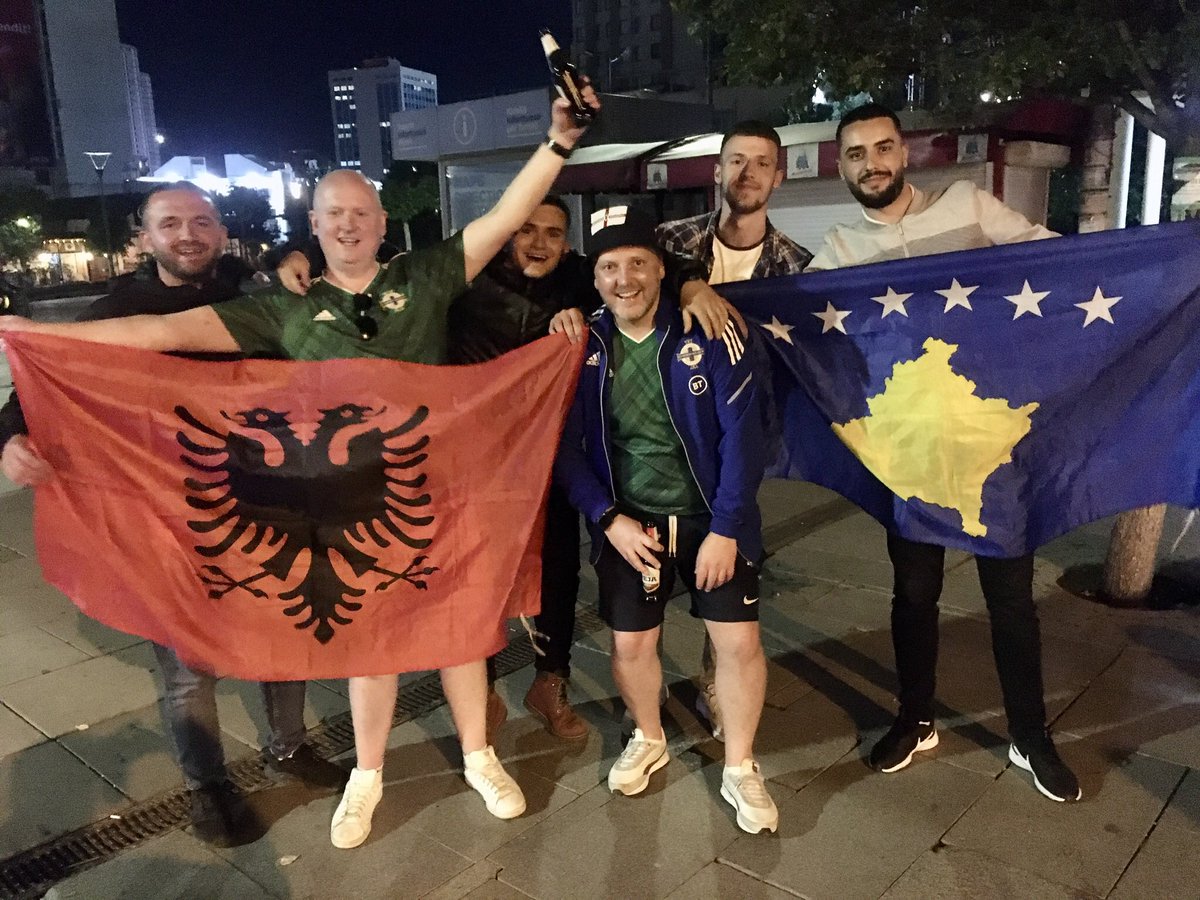 PaulVance63's tweet photo. NI, Albanian and Kosovo fans after the match. #KOSNIR #NationsLeague #UEFA #GAWA #Kosovo #NorthernIreland https://t.co/5nxAIuzWRk