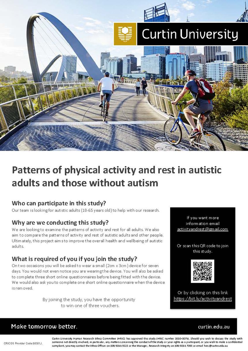 CraigThompsonOT's tweet photo. We are recruiting autistic adults and neurotypical peers in Perth to compare their levels of physical activity. We want to know if autistic adults' physical activity levels are why they experience high levels of heart disease. Scan https://t.co/hHWkqlXznx #autism https://t.co/4wkPWK0eIR